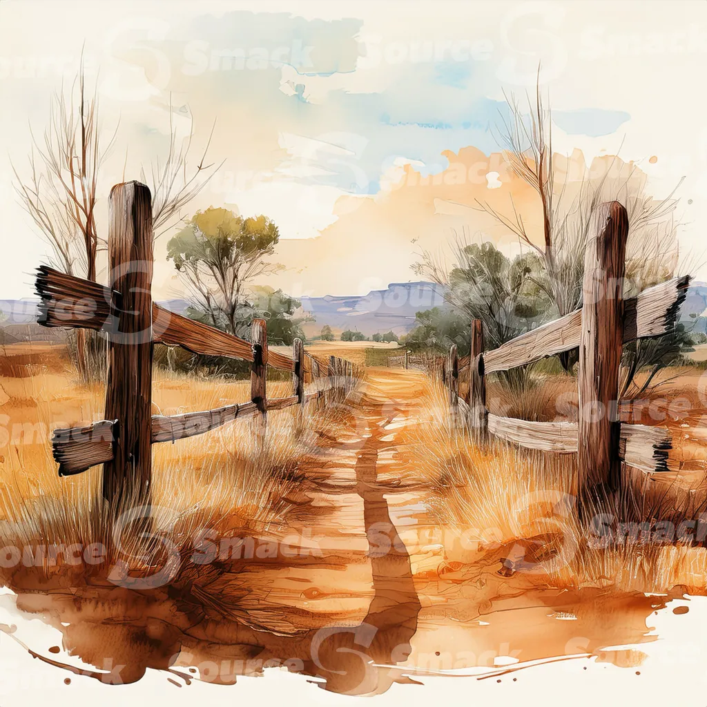 A dirt path winds through a grassy field, bordered by a weathered wooden fence with dark brown posts and horizontal planks with copy space