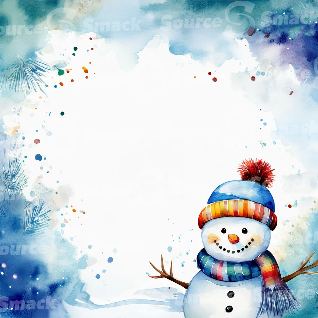A watercolor painting depicting a cute snowman in winter scene with an assortment of seasonal elements with copy space