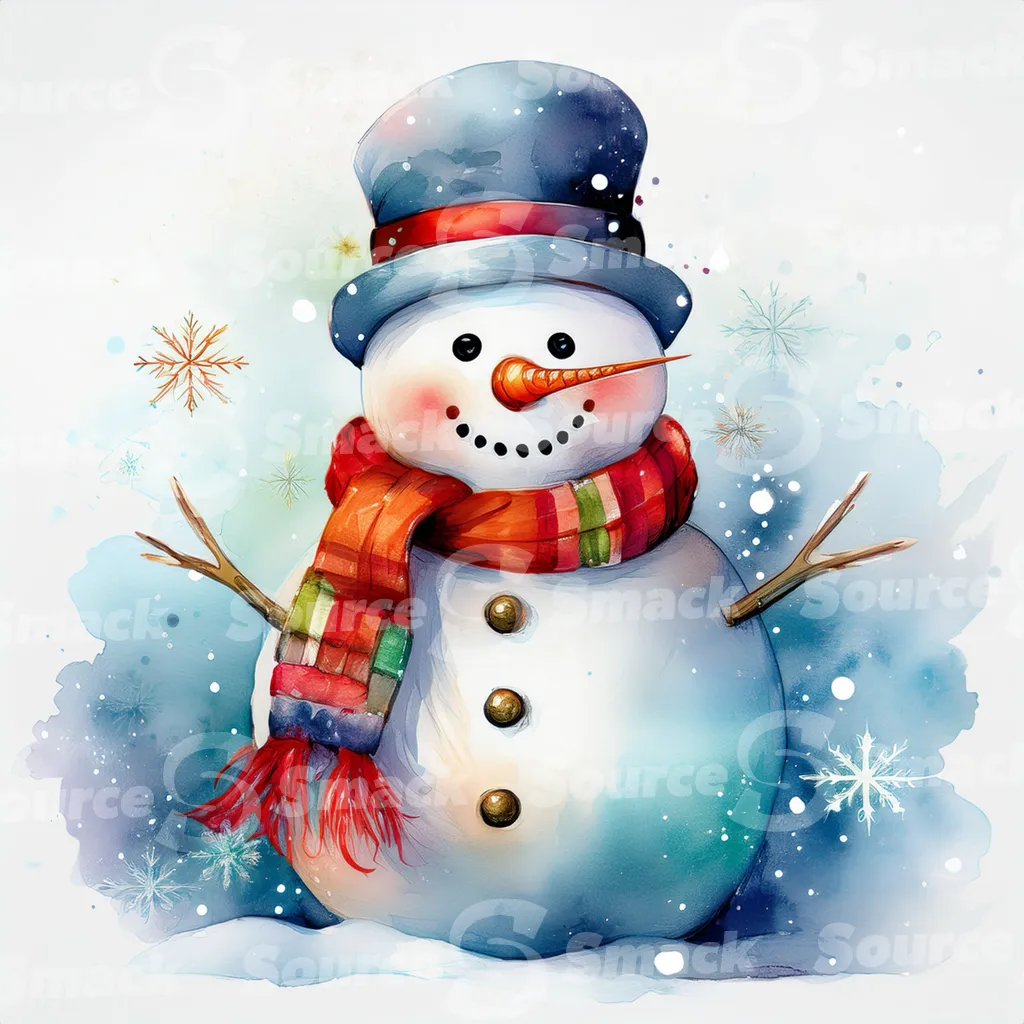 A painting of a cute snowman against stylized pine branches and delicate spots of watercolor paint that create a snowy background.