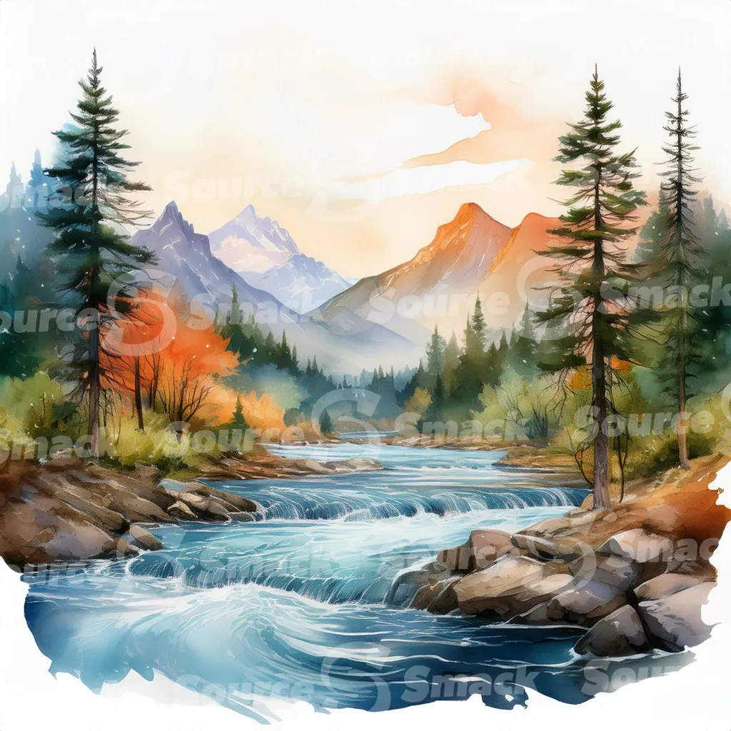 A serene watercolor painting depicts a meandering river flowing through a mountain valley at sunset, surrounded by lush evergreens and rocky banks