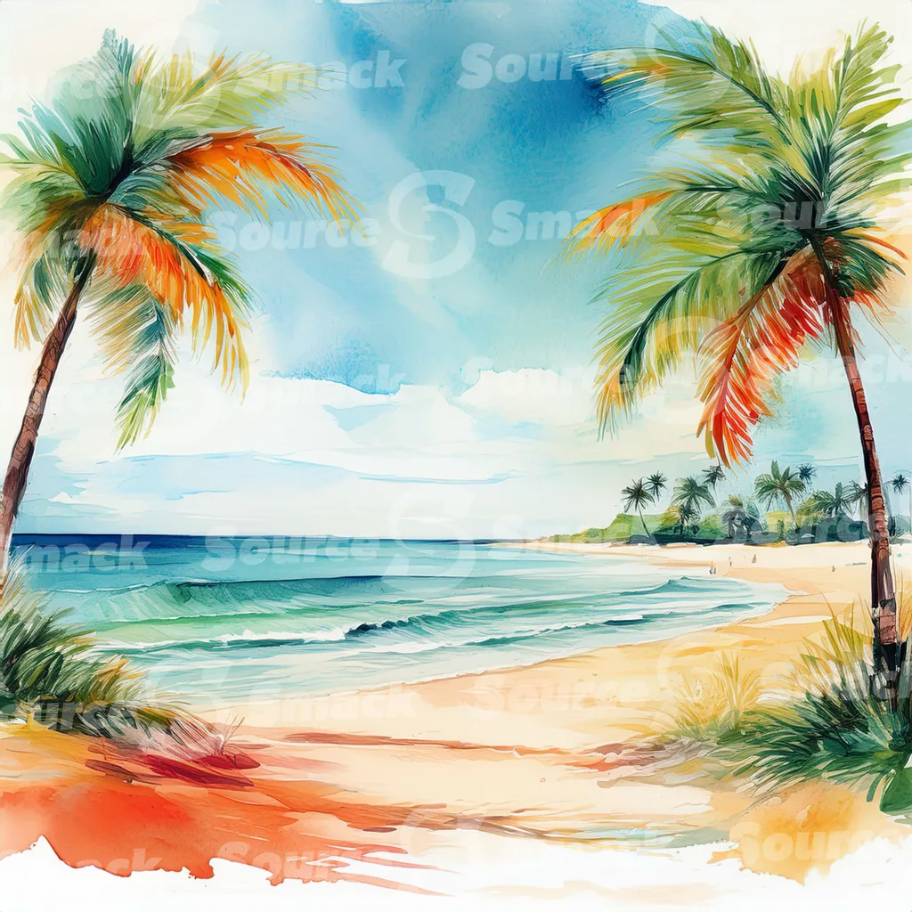Tropical beach with waves and palm trees with copy space