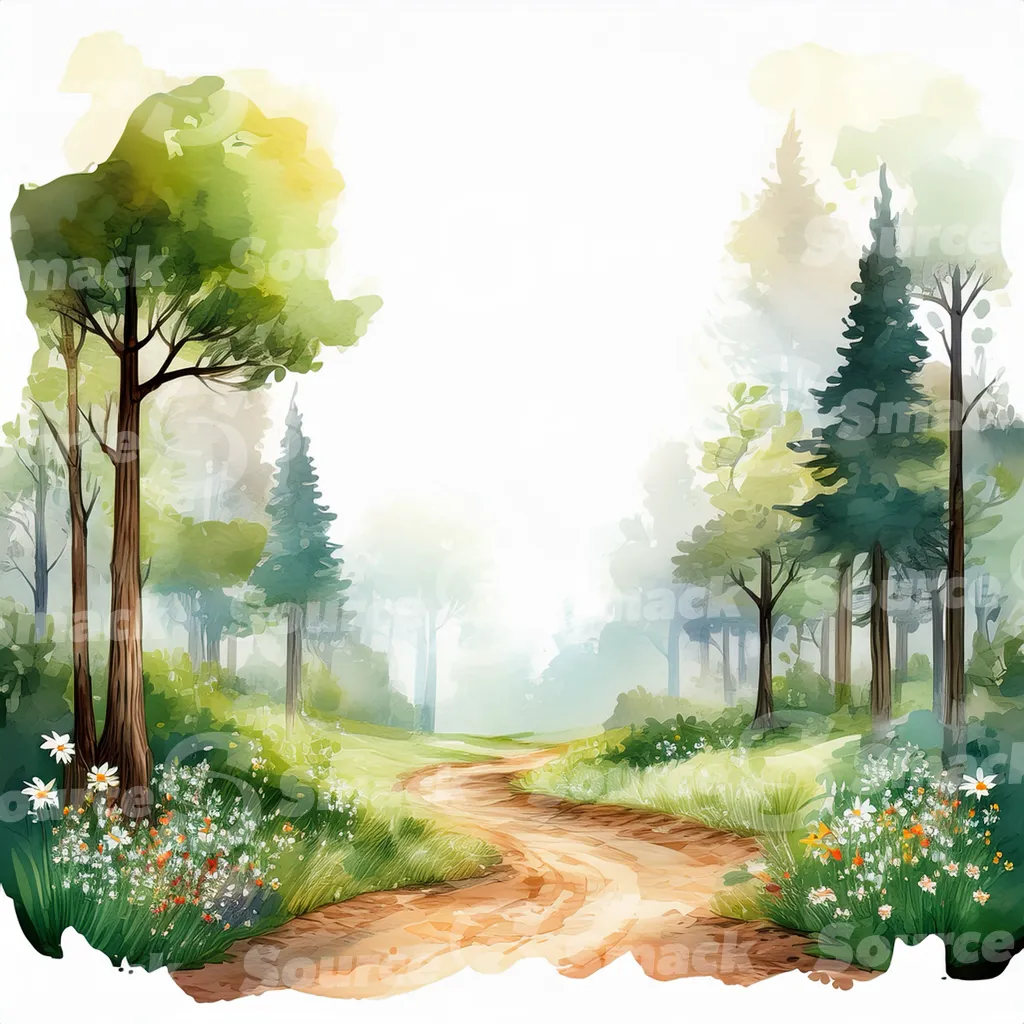 A watercolor painting depicts a pathway winding through a lush forest.