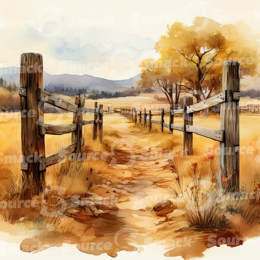 A dirt path winds through a grassy field, bordered by a weathered wooden fence with dark brown posts and horizontal planks with copy space