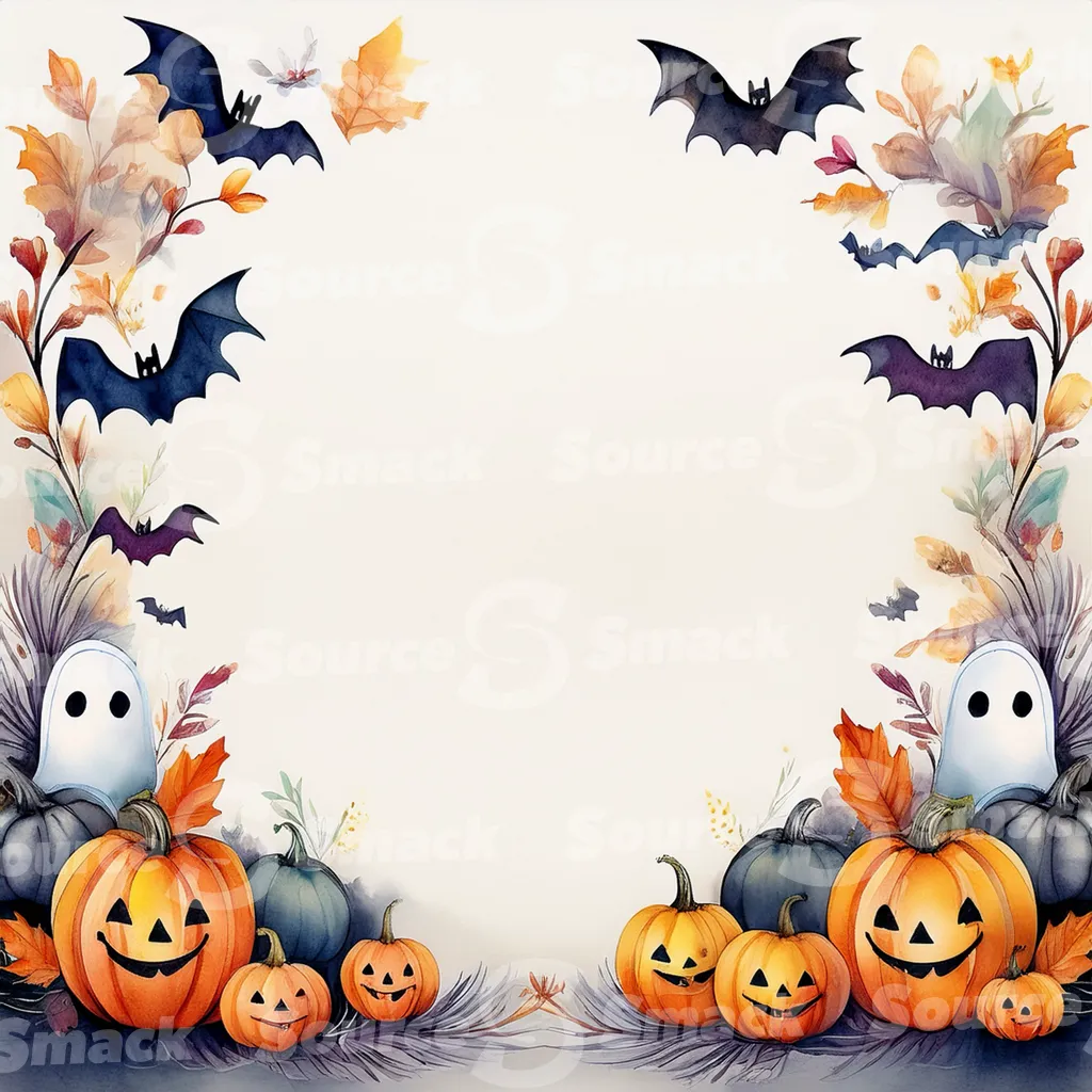 Halloween-themed illustration featuring smiling jack-o'-lanterns, friendly ghosts, and bats with copy space.