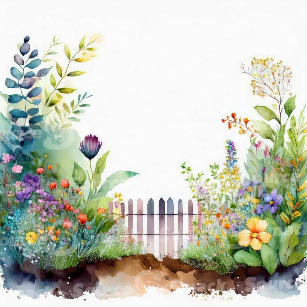 A watercolor painting depicts a tranquil garden scene with a rustic wooden fence partially obscuring a path leading into a lush, colorful wildflower meadow with copy space