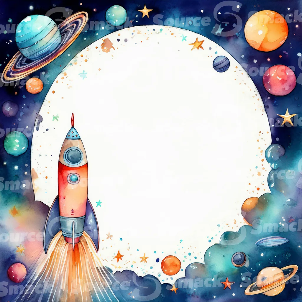 A whimsical watercolor painting depicts a colorful space scene with planets, stars, astronauts and a rocket and copy space