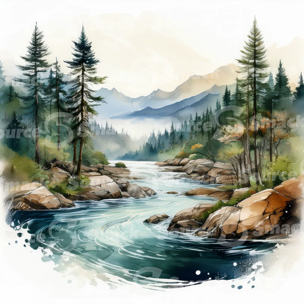 A serene watercolor painting depicts a meandering river flowing through a mountain valley at sunset, surrounded by lush evergreens and rocky banks