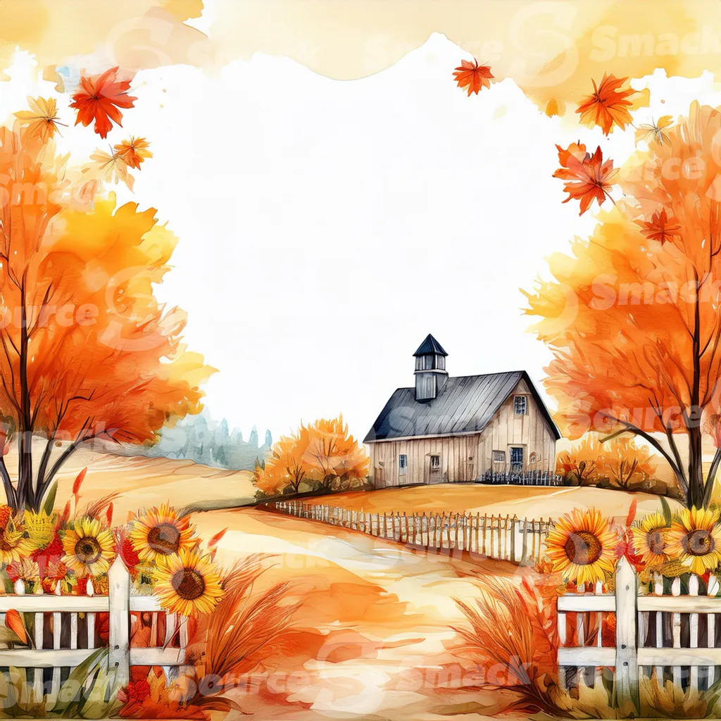 Rustic farm house in autumn with a white picket fence