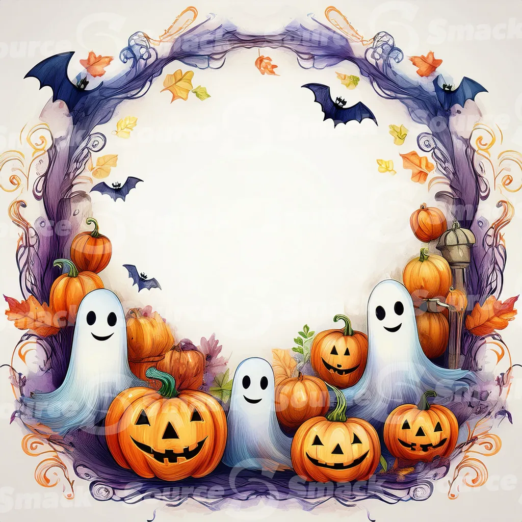 Halloween-themed illustration featuring smiling jack-o'-lanterns, friendly ghosts, and bats with copy space.