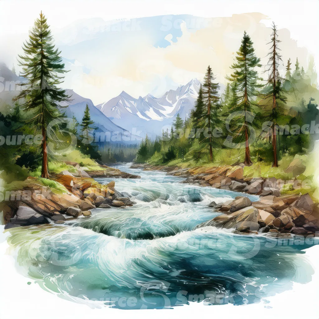 A serene watercolor painting depicts a meandering river flowing through a mountain valley at sunset, surrounded by lush evergreens and rocky banks
