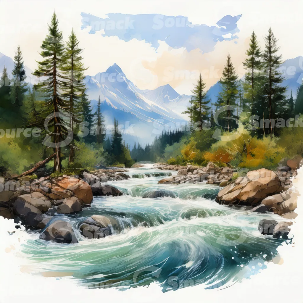 A serene watercolor painting depicts a meandering river flowing through a mountain valley at sunset, surrounded by lush evergreens and rocky banks