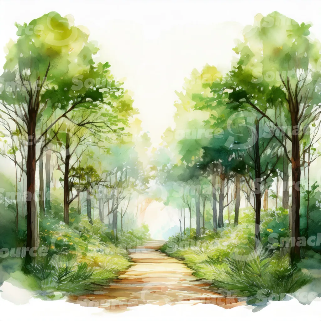 A watercolor painting depicts a pathway winding through a lush forest.