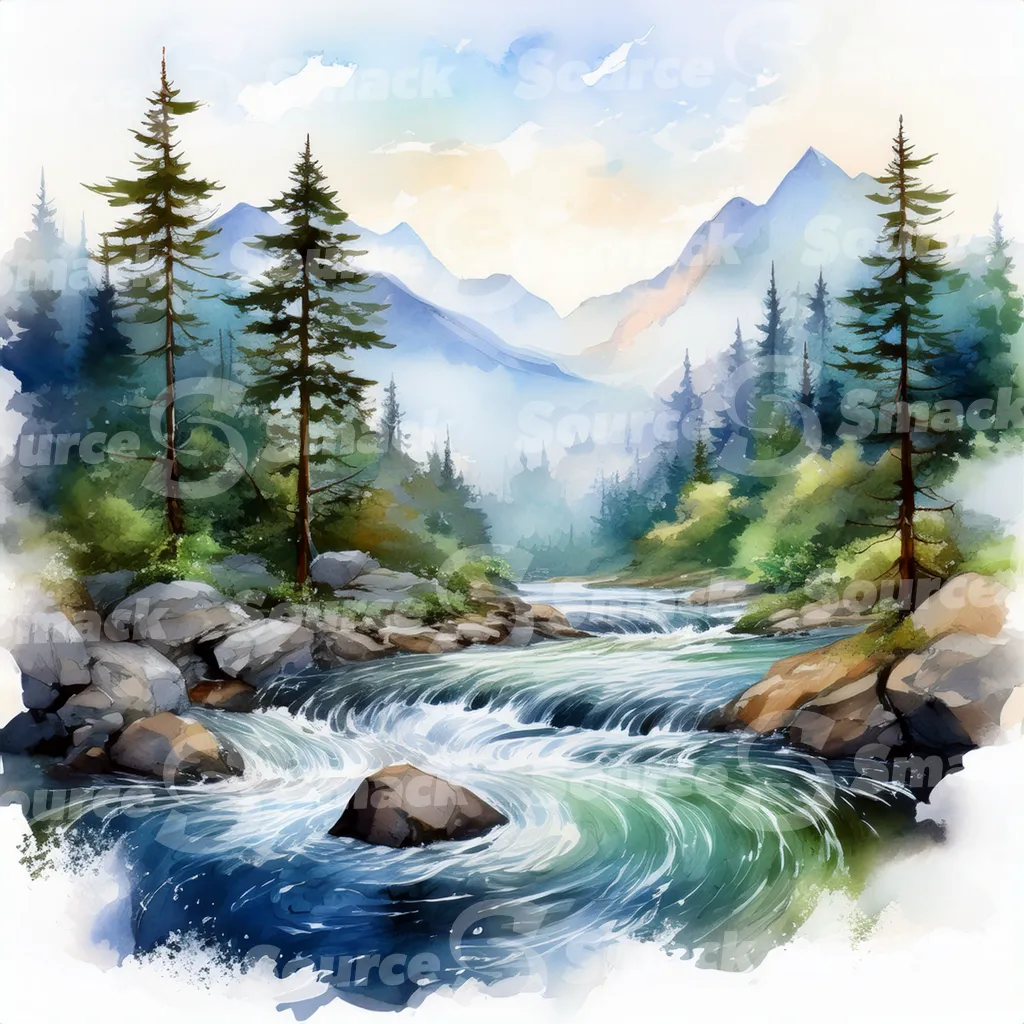 A serene watercolor painting depicts a meandering river flowing through a mountain valley at sunset, surrounded by lush evergreens and rocky banks