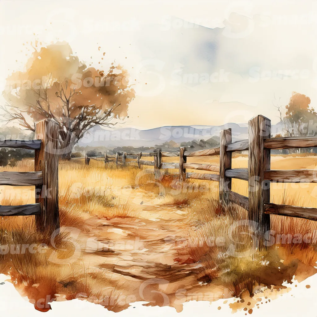 A dirt path winds through a grassy field, bordered by a weathered wooden fence with dark brown posts and horizontal planks with copy space