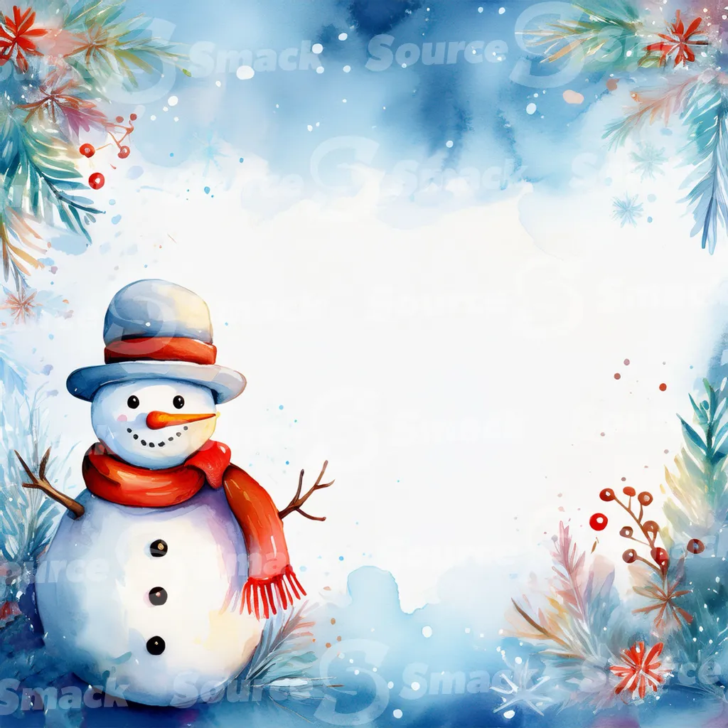 A watercolor painting depicting a cute snowman in winter scene with an assortment of seasonal elements with copy space