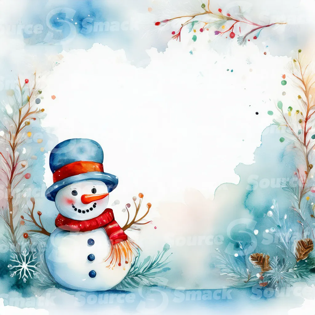 A watercolor painting depicting a cute snowman in winter scene with an assortment of seasonal elements with copy space