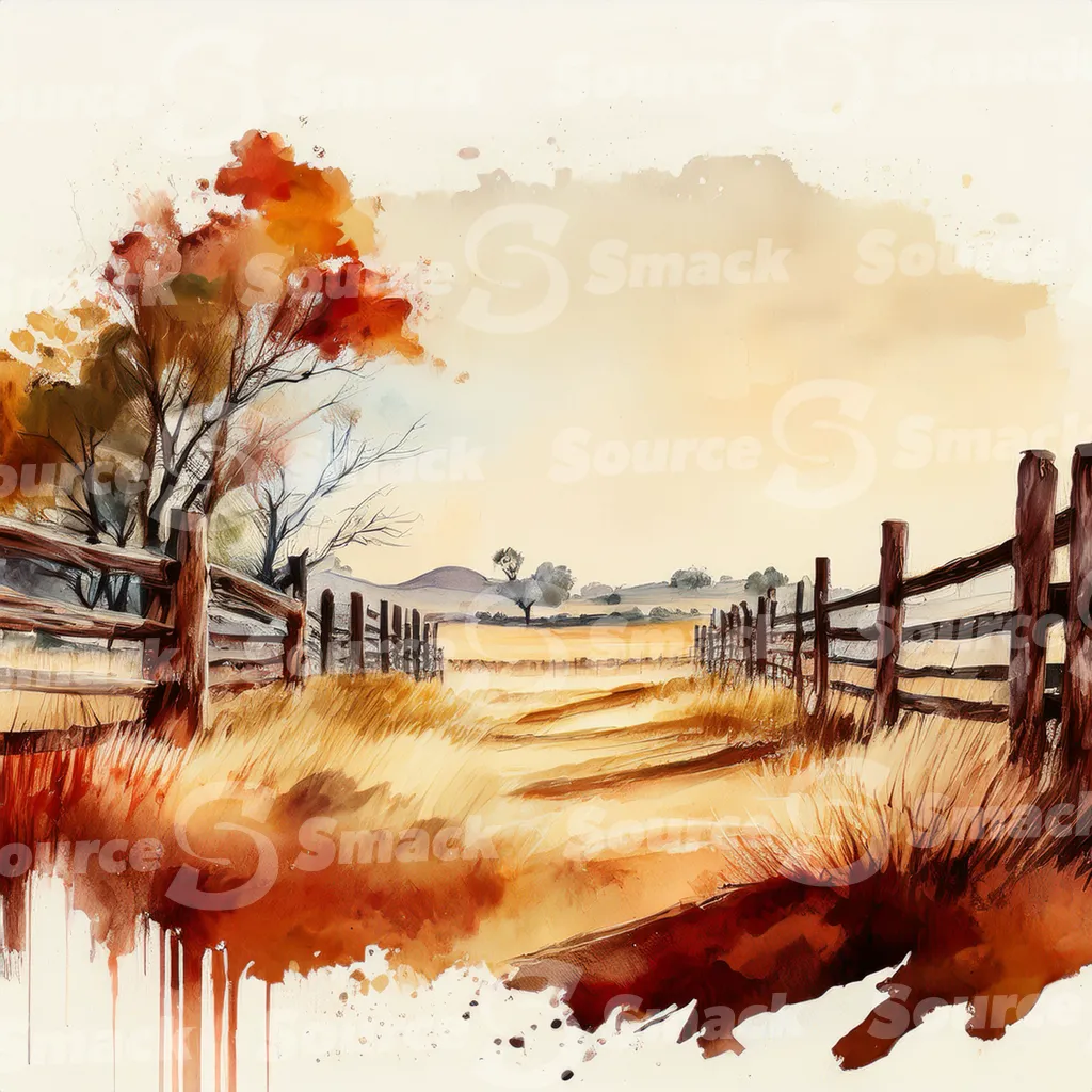 A dirt path winds through a grassy field, bordered by a weathered wooden fence with dark brown posts and horizontal planks with copy space