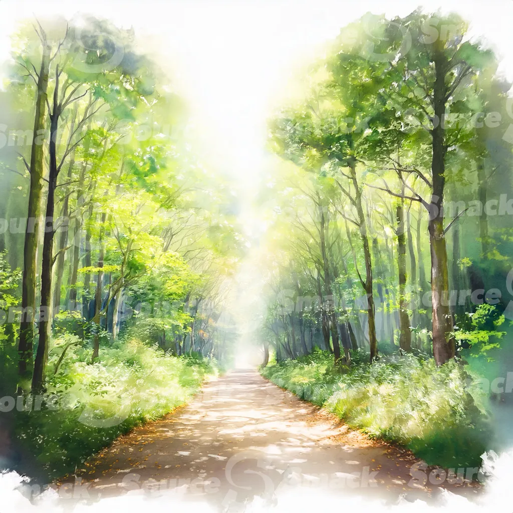 A watercolor painting depicts a pathway winding through a lush forest.