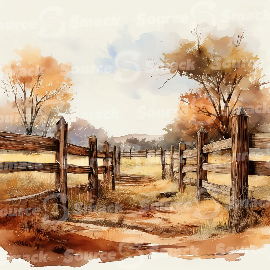 A dirt path winds through a grassy field, bordered by a weathered wooden fence with dark brown posts and horizontal planks with copy space