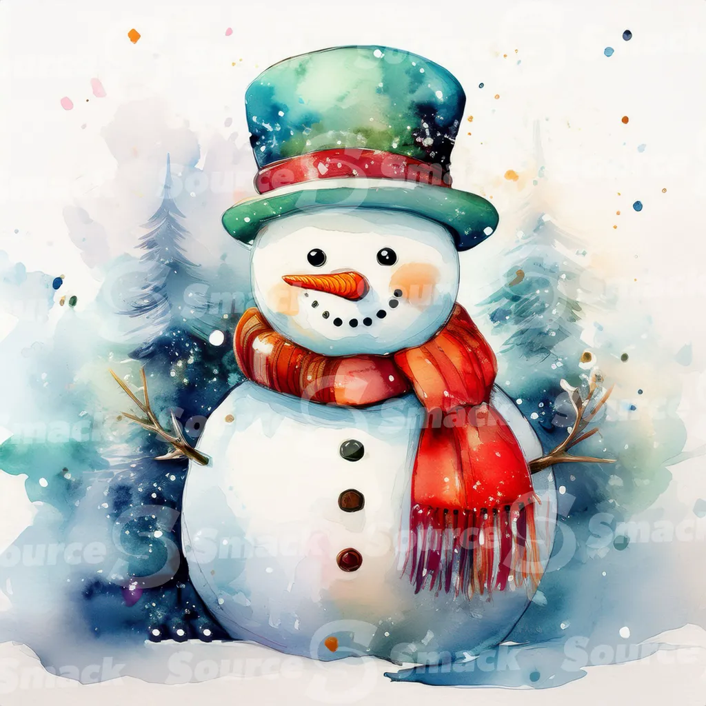 A painting of a cute snowman against stylized pine branches and delicate spots of watercolor paint that create a snowy background.