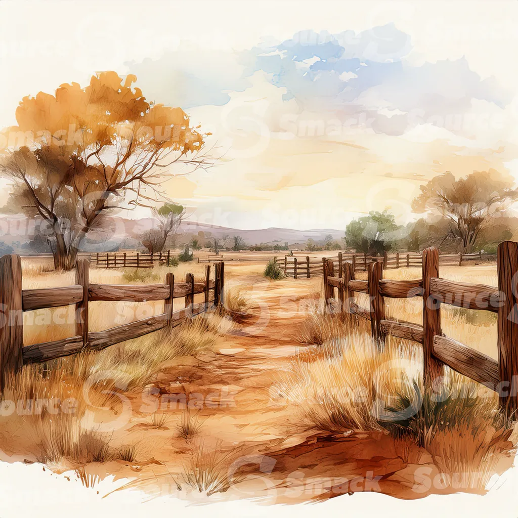 A dirt path winds through a grassy field, bordered by a weathered wooden fence with dark brown posts and horizontal planks with copy space