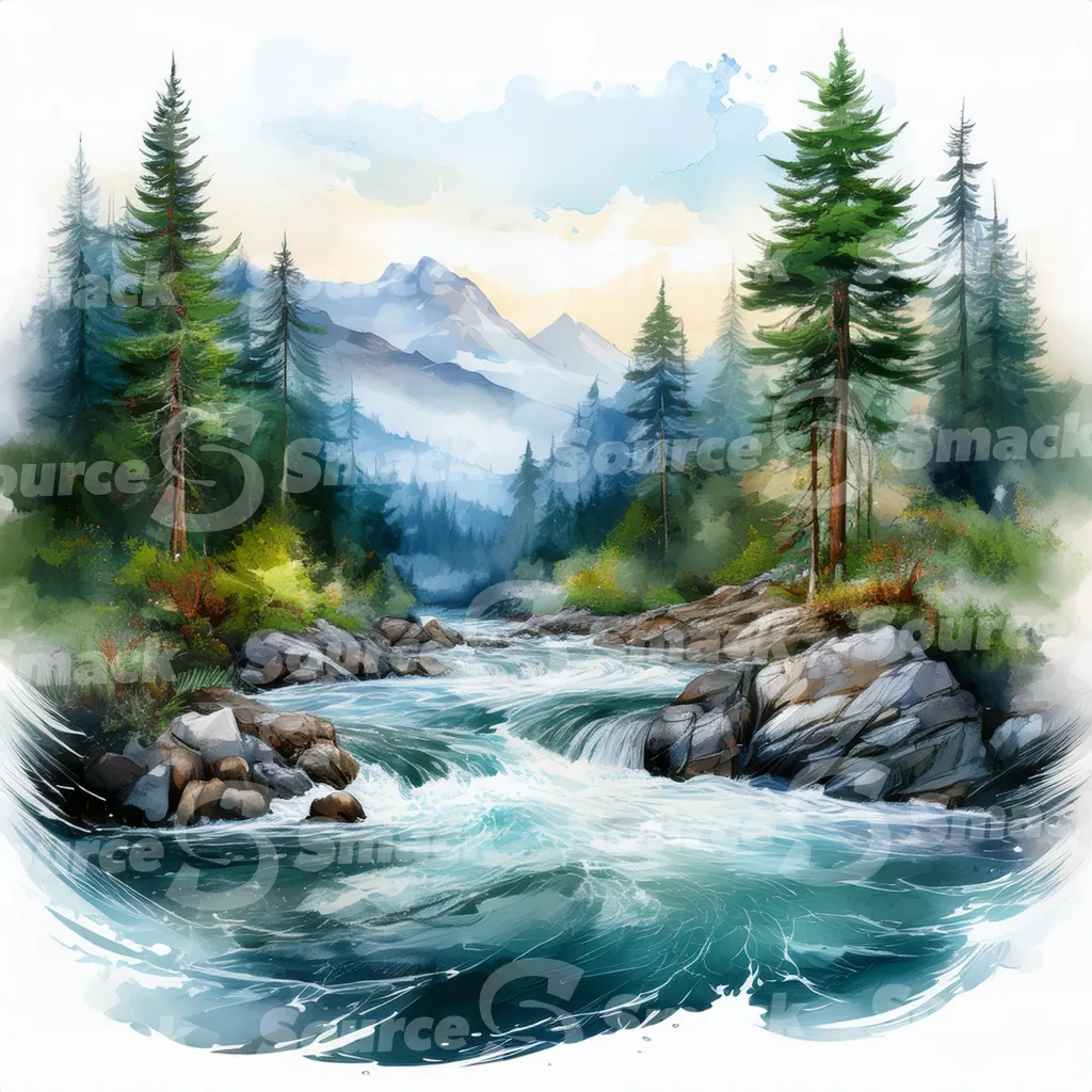 A serene watercolor painting depicts a meandering river flowing through a mountain valley at sunset, surrounded by lush evergreens and rocky banks