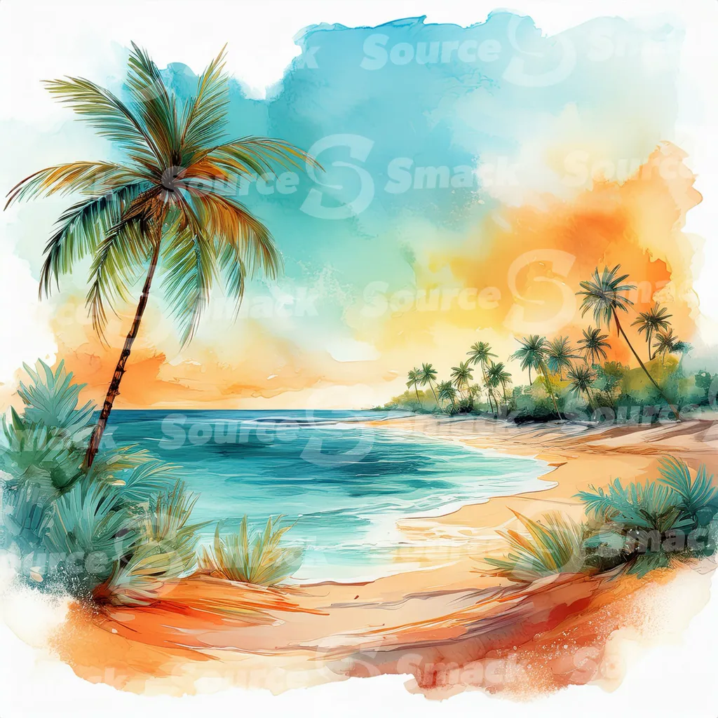 Tropical beach with waves and palm trees with copy space