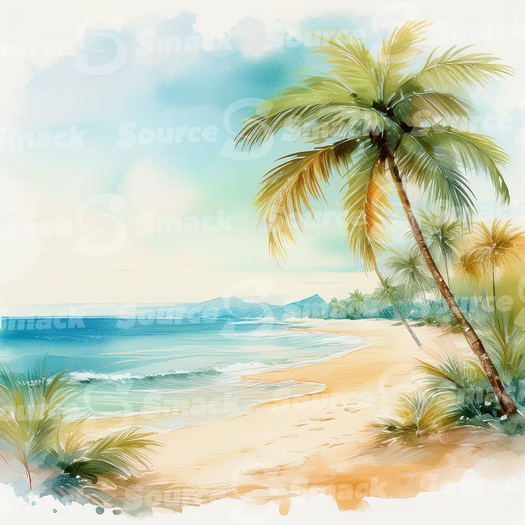Tropical beach with waves and palm trees with copy space