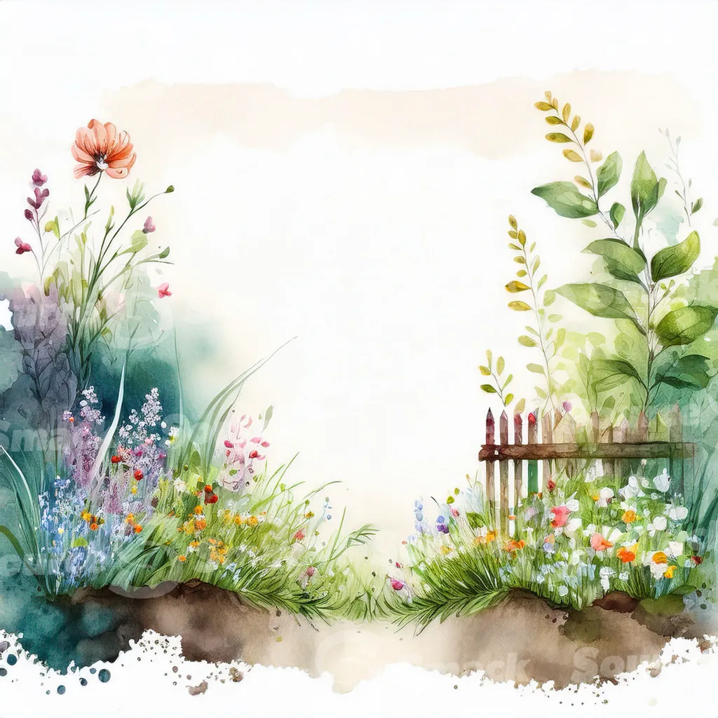 A watercolor painting depicts a tranquil garden scene with a rustic wooden fence partially obscuring a path leading into a lush, colorful wildflower meadow with copy space