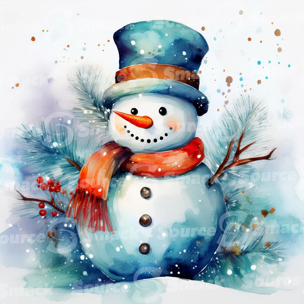 A painting of a cute snowman against stylized pine branches and delicate spots of watercolor paint that create a snowy background.