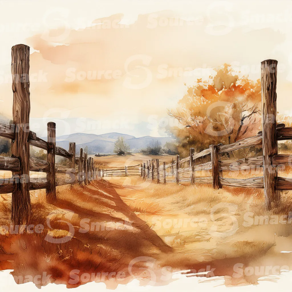 A dirt path winds through a grassy field, bordered by a weathered wooden fence with dark brown posts and horizontal planks with copy space