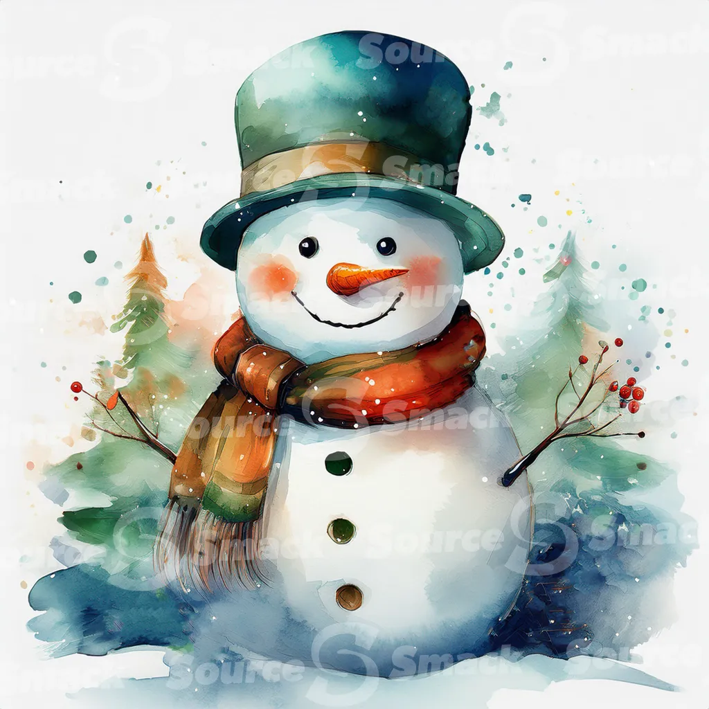A painting of a cute snowman against stylized pine branches and delicate spots of watercolor paint that create a snowy background.