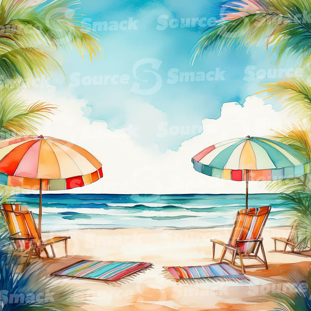 Tropical beach with waves, palm trees and beach umbrellas with copy space