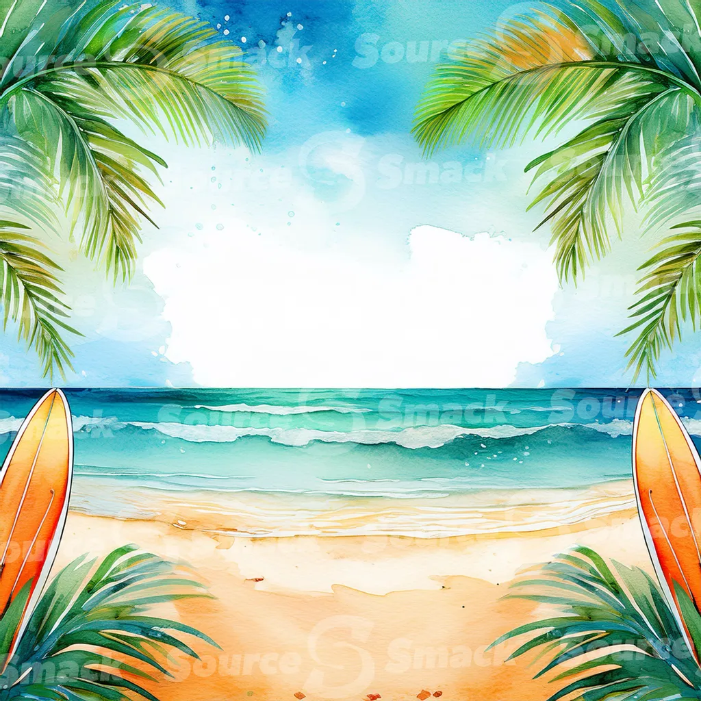 Tropical beach with waves, surf boards and palm trees with copy space