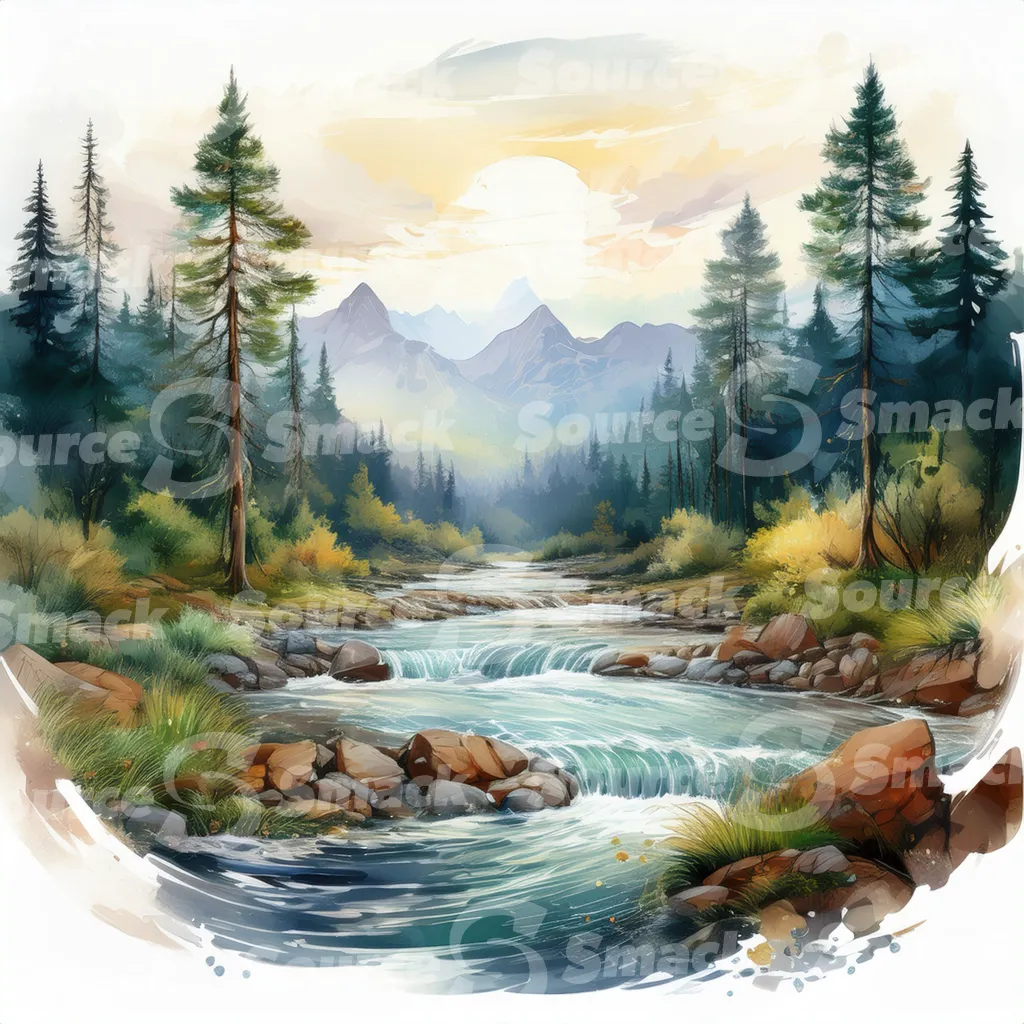 A serene watercolor painting depicts a meandering river flowing through a mountain valley at sunset, surrounded by lush evergreens and rocky banks