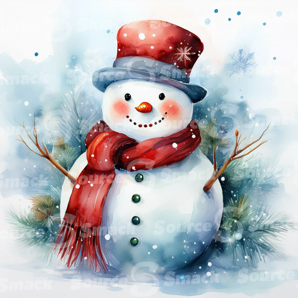 A painting of a cute snowman against stylized pine branches and delicate spots of watercolor paint that create a snowy background.