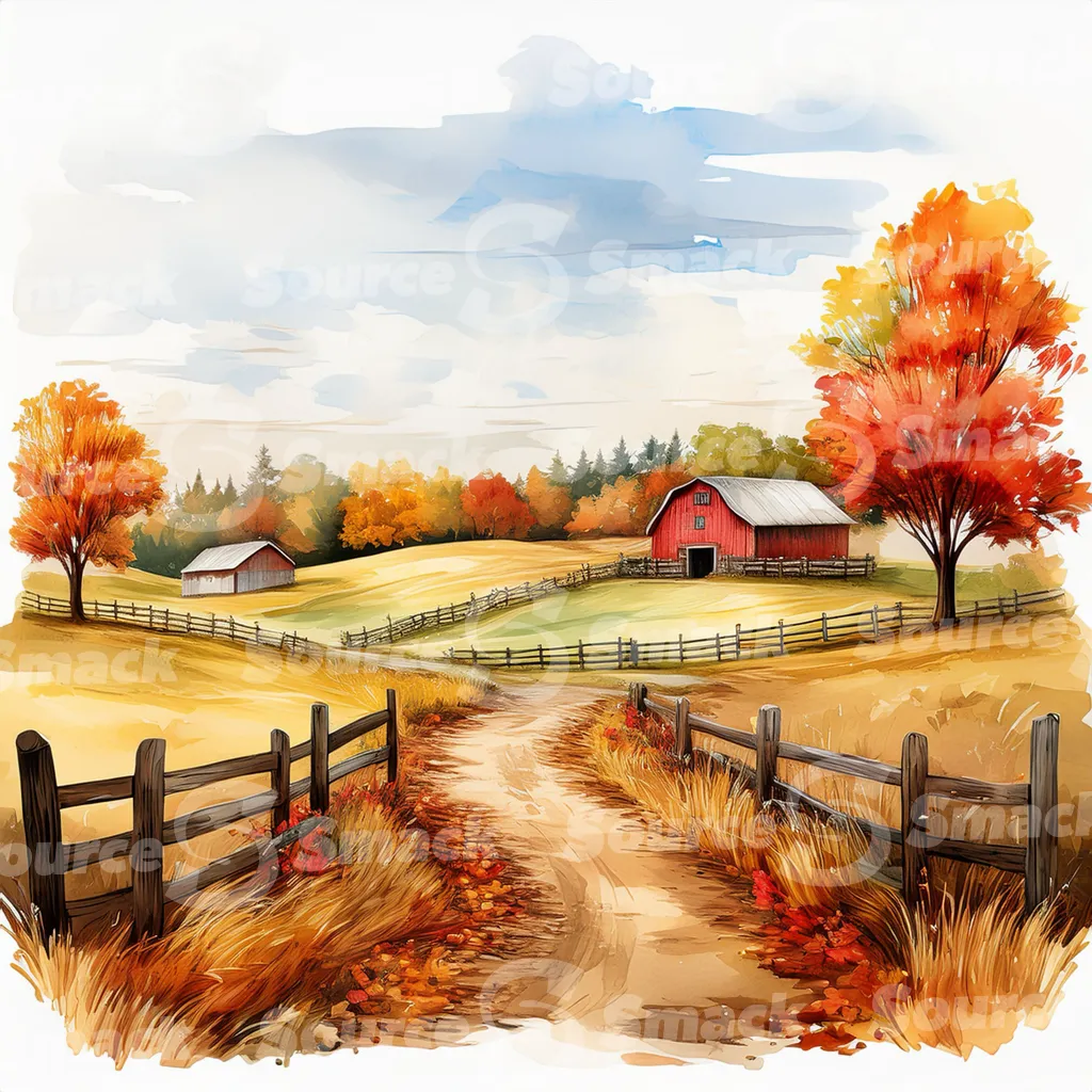 Rustic barn in autumn with a winding dirt road