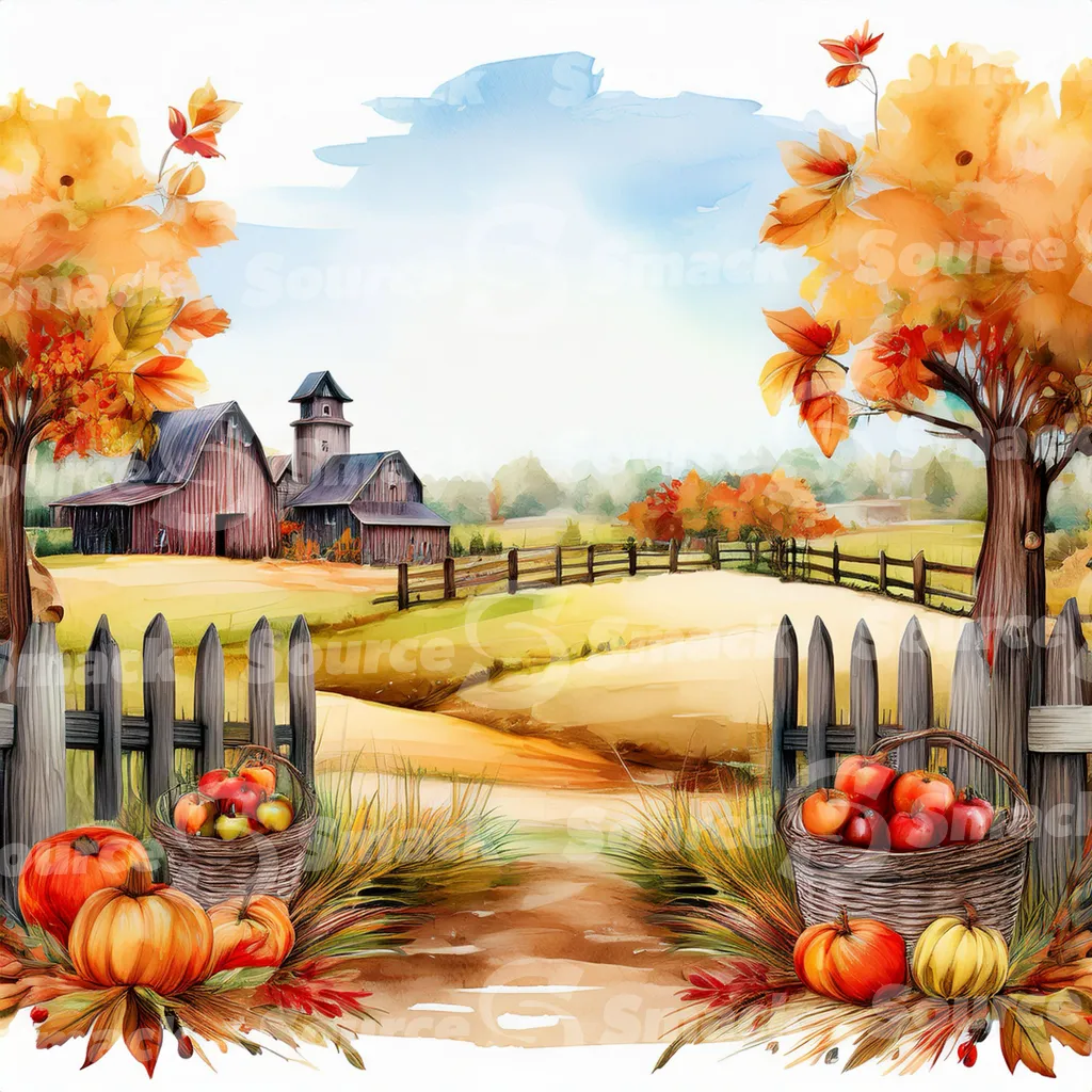 Rustic barn in autumn with apples and pumpkins