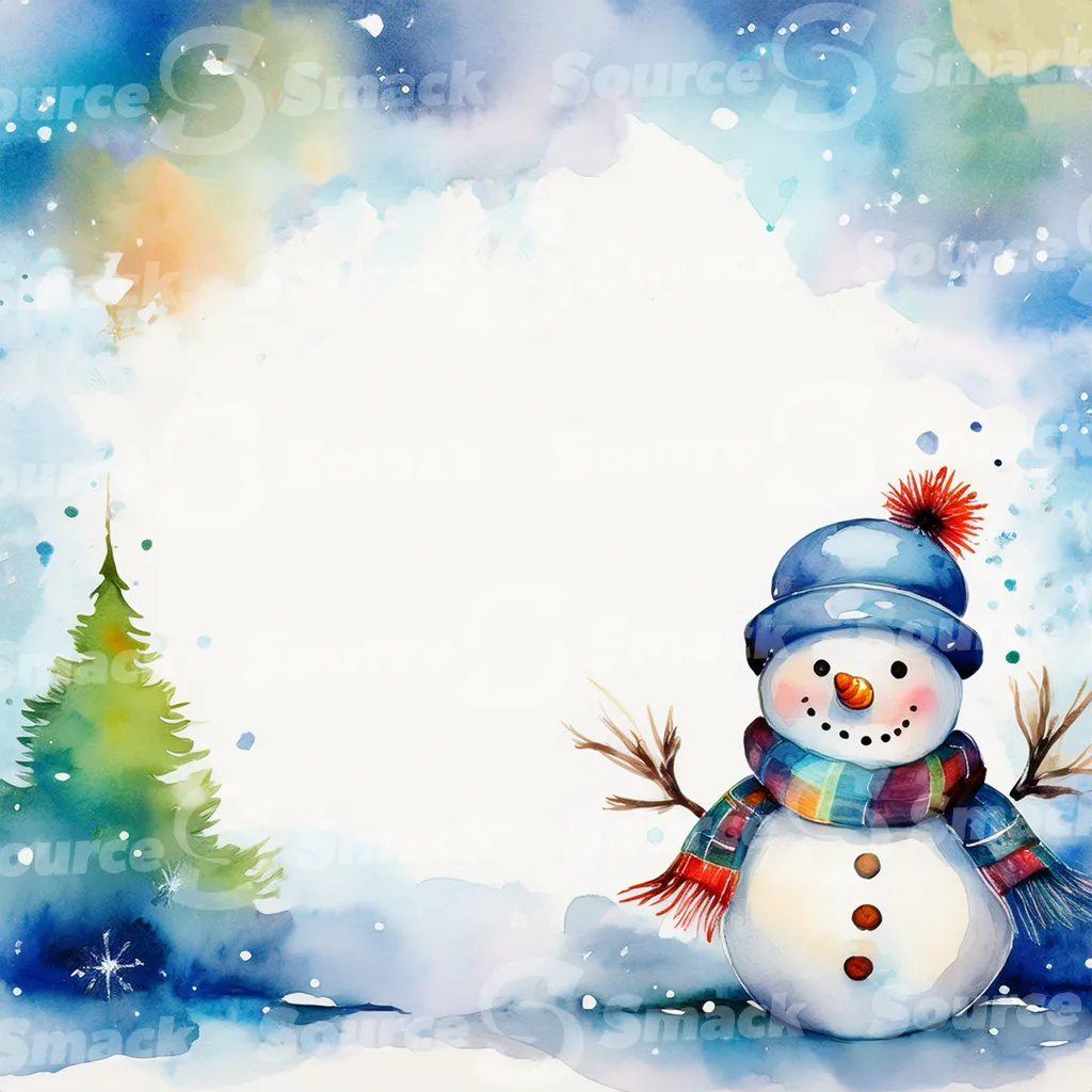 A watercolor painting depicting a cute snowman in winter scene with an assortment of seasonal elements with copy space