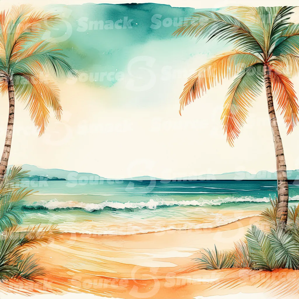 Tropical beach with waves and palm trees with copy space