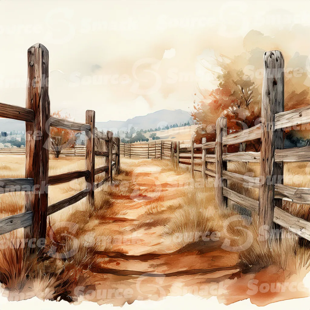 A dirt path winds through a grassy field, bordered by a weathered wooden fence with dark brown posts and horizontal planks with copy space