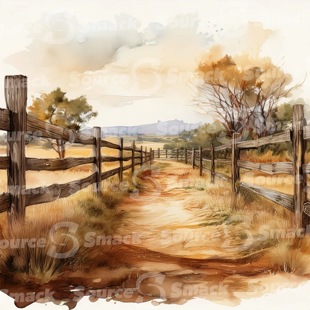 A dirt path winds through a grassy field, bordered by a weathered wooden fence with dark brown posts and horizontal planks with copy space