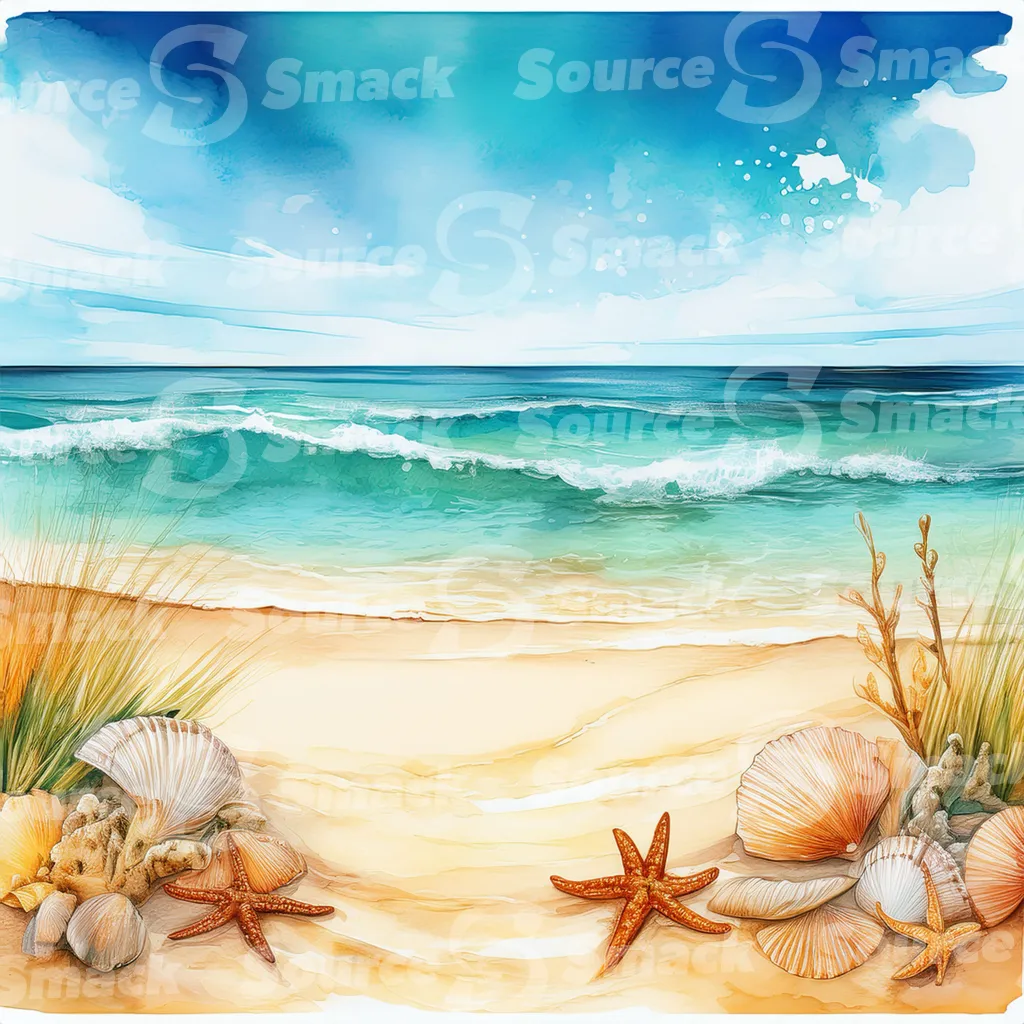 Tropical beach with waves, star fish and sea shells with copy space
