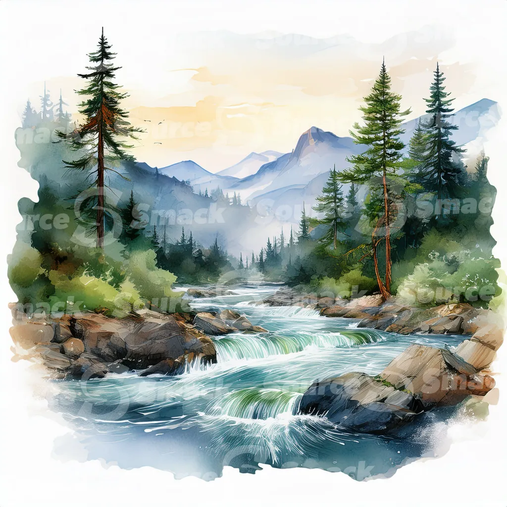 A serene watercolor painting depicts a meandering river flowing through a mountain valley at sunset, surrounded by lush evergreens and rocky banks