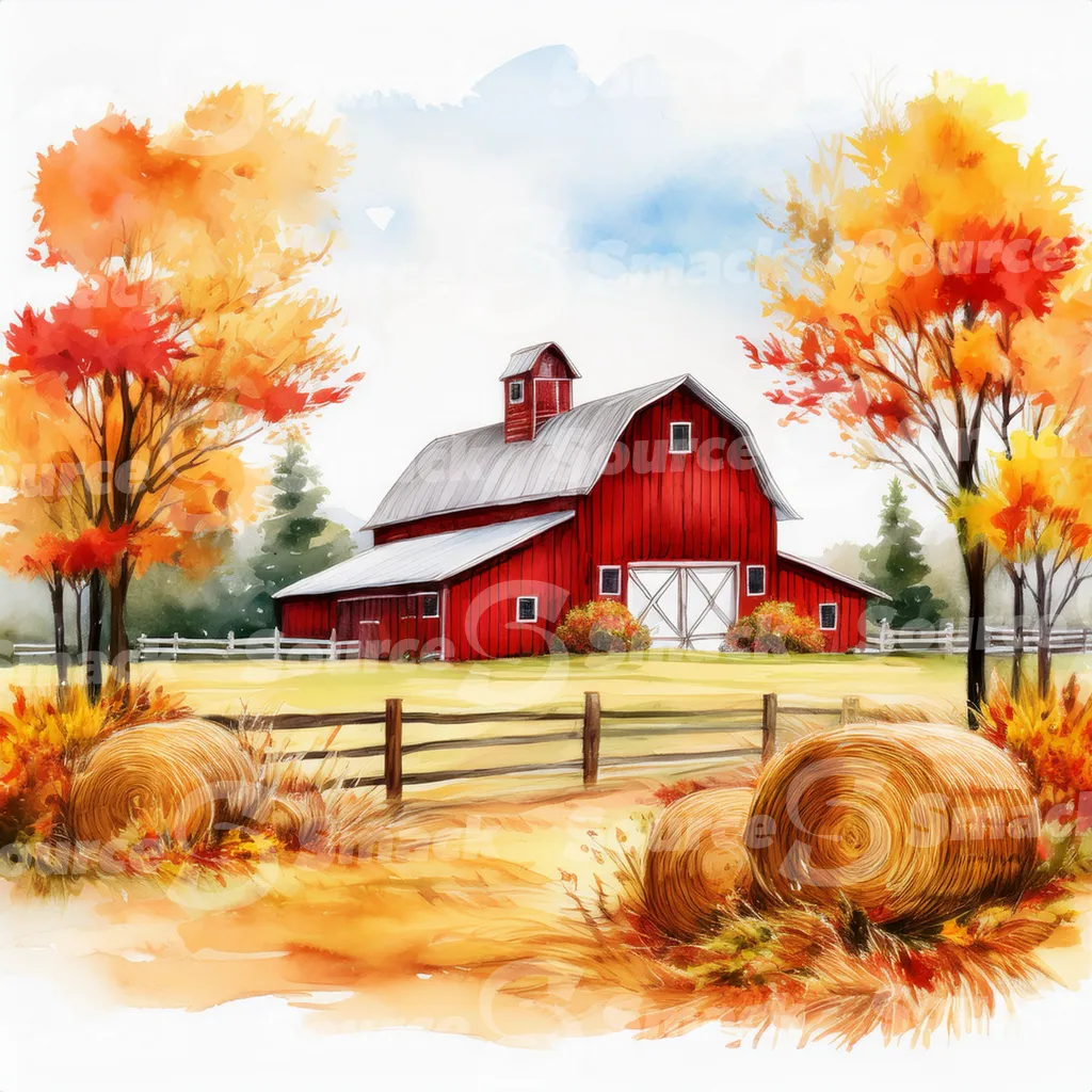 Rustic barn in autumn with hay bales in the front