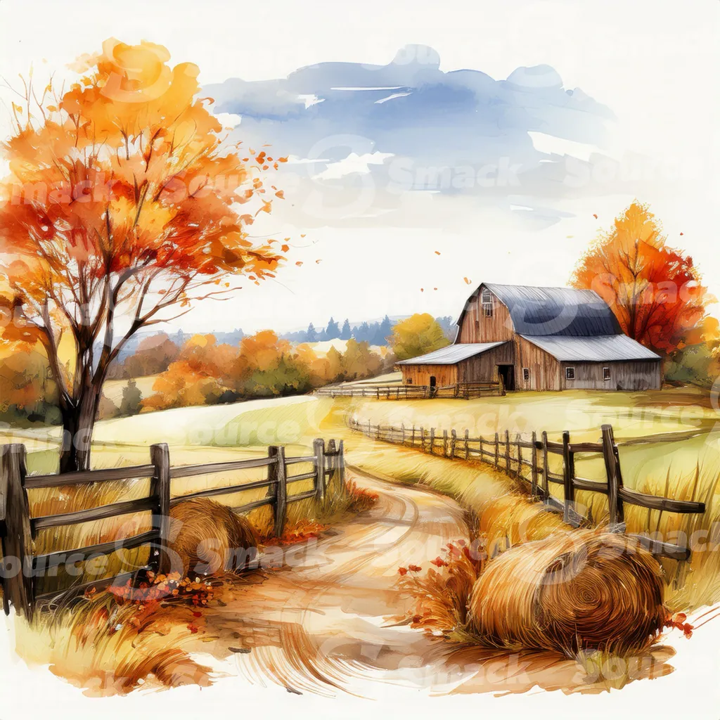 Rustic barn in autumn with a winding dirt road