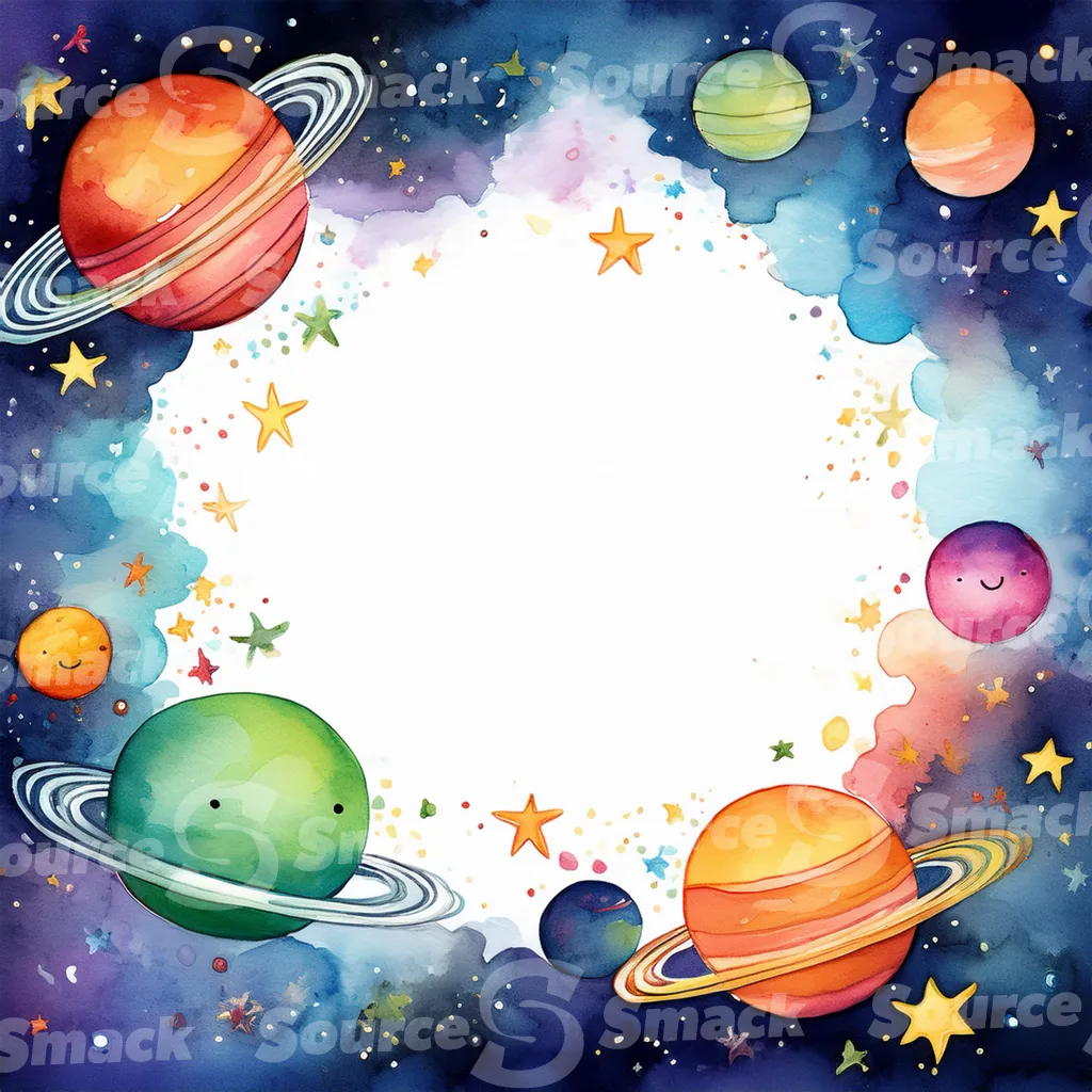 A whimsical watercolor painting depicts a colorful space scene with planets, stars, astronauts and a rocket and copy space