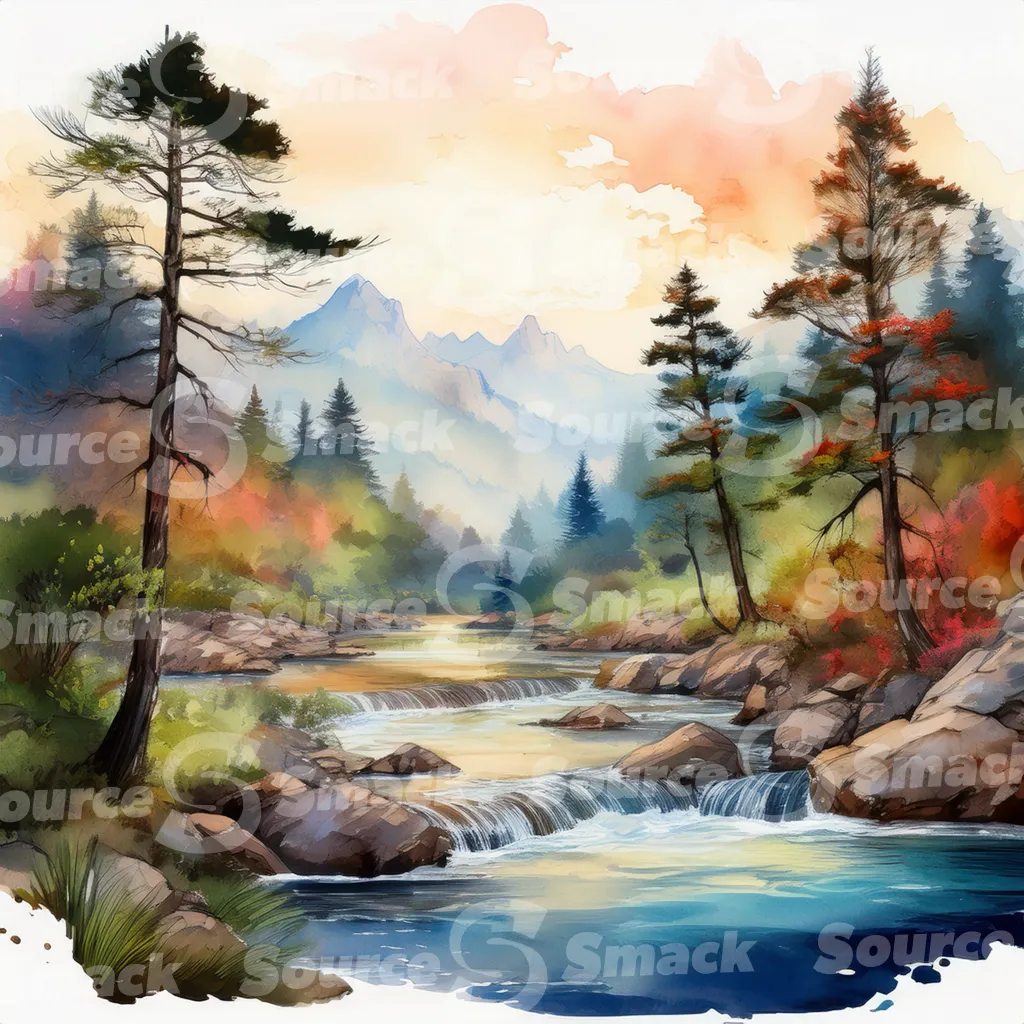 A serene watercolor painting depicts a meandering river flowing through a mountain valley at sunset, surrounded by lush evergreens and rocky banks