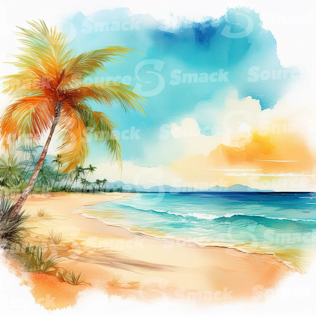 Tropical beach with waves and palm trees with copy space