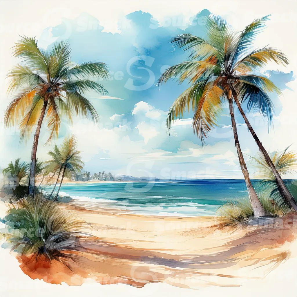 Tropical beach with waves and palm trees with copy space